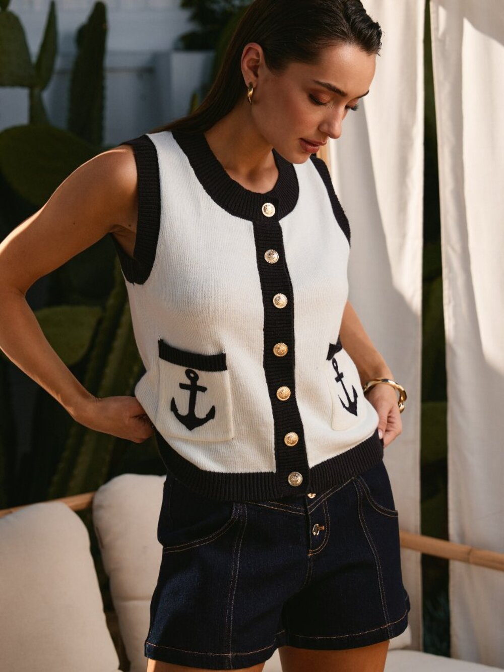 NWT Cotton Blend Tank Knit Vest Anchor Boat Yacht Vibes Gold Tone Buttons Pocket